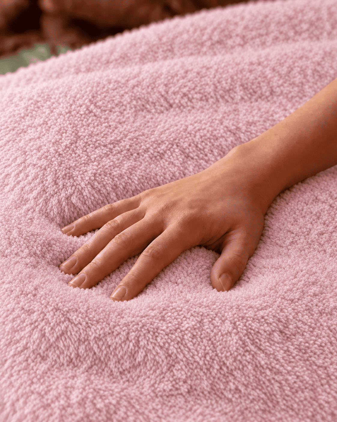 A hand resting on soft pink CloudLuxe fabric